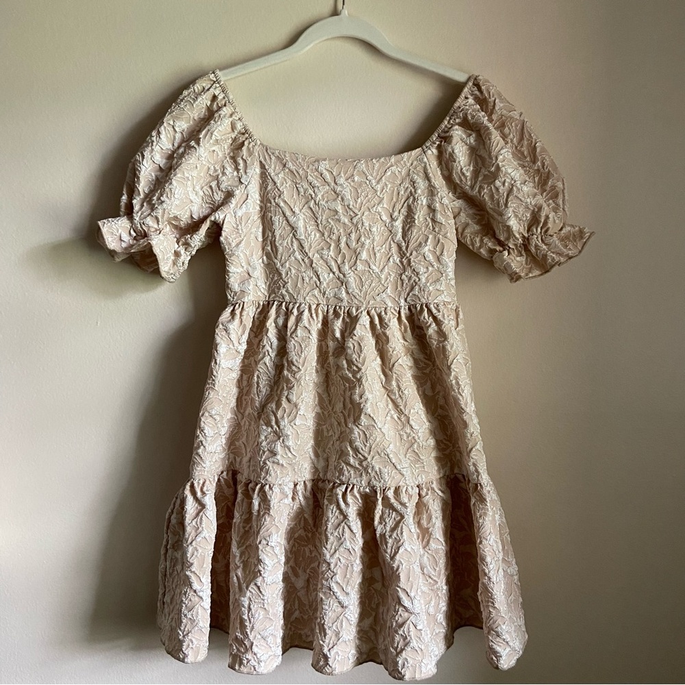 SHEIN Teen Bubble Sleeve Square Neckline Cream/Off-White Short Two-Tier Dress